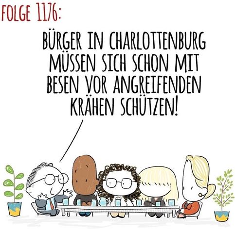 Panel 1: Senate members Christian Gaebler, Joe Chialo, Cansel Kiziltepe, Iris Spranger and Franzi sitting at the big table, Christian says: citizens in Charlottenburg have had to defend themselves from attacking crows with brooms!