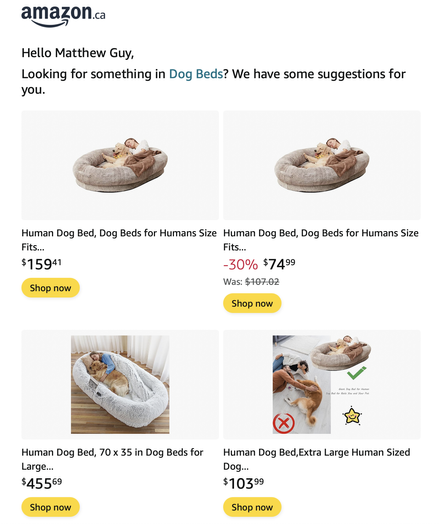 Amazon email for human sized dog beds.