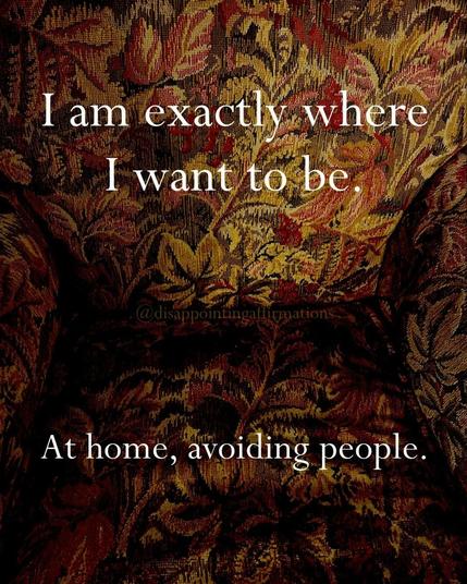 A closeup photo of a colourful plush armchair with text that reads "I am exactly where I want to be. At home, avoiding people" by Dave Tarnowski.