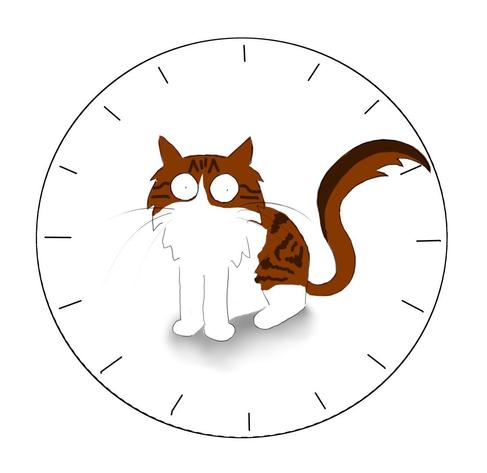 A cartoon of a tabby and white cat sitting in the middle of a giant empty clock face.
