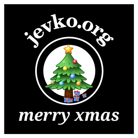 Jevko sticker with the Jevko tree turned into a colorful Christmas tree with "merry xmas" instead of "minimal syntax".