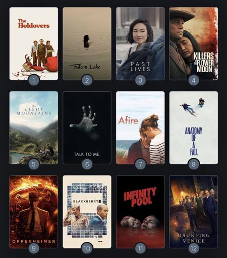 1- The Holdovers
2- Falcon Lake
3- Past Lives
4- Killers of the Flower Moon
5- The Eight Mountains
6- Talk to Me
7- Afire
8- Anatomy of a Fall
9- Oppenheimer 
10- BlackBerry
11- Infinity Pool
12- A Haunting in Venice