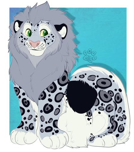 Toony artwork of a sitting feral snow leopard with a grey lion-style mane.