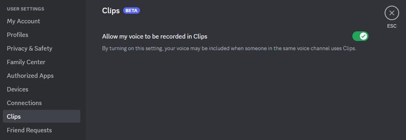 Screencap of Discord's PC settings panel. Under "User Settings," find  the field "Clips" (second from bottom). Set "Allow my voice to be recorded in Clips" to false (by default, it's set to true).