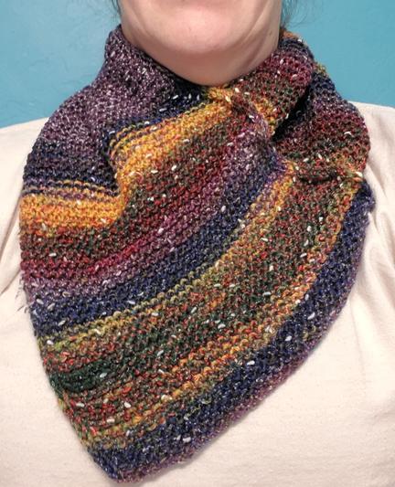 Blue, purple, red, mustard striped yarn cowl