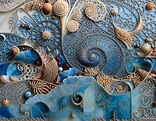 Artistic blend of seashells and mechanical gears in shades of blue, symbolizing the fusion of nature and technology.