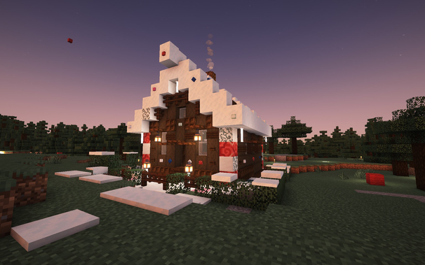 A Minecraft house decorated Gingerbread style.