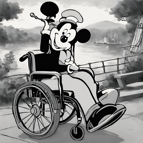 A black and white AI recreation of Steamboat Willy, in a manual wheelchair, with a big smile, breaking the 4th wall by waving at the audience watching him.