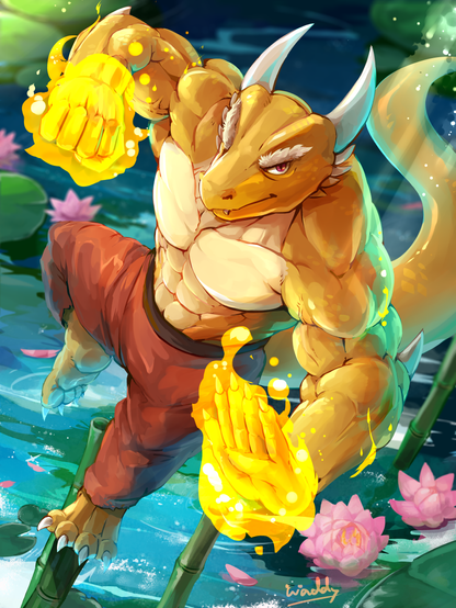 Draganta balancing on a piece of bamboo, hands energy-infused, ready for battle in a martial arts pose.