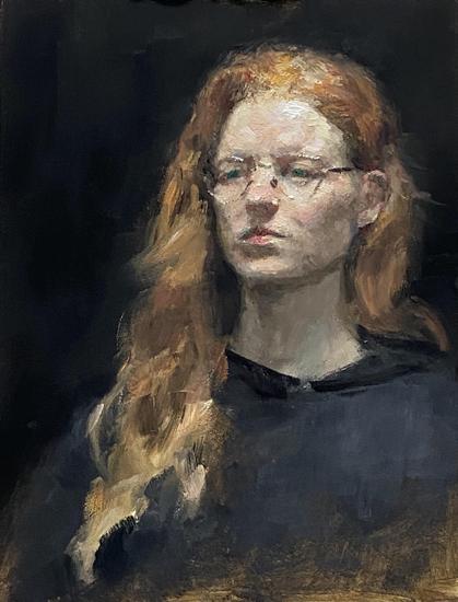 Oilpainting of a person with red hair and glasses. The hair is loosely painted in swiping brushstrokes whereas the face has a more delicate touch. The background is black and the overall composition is what one would call classical.