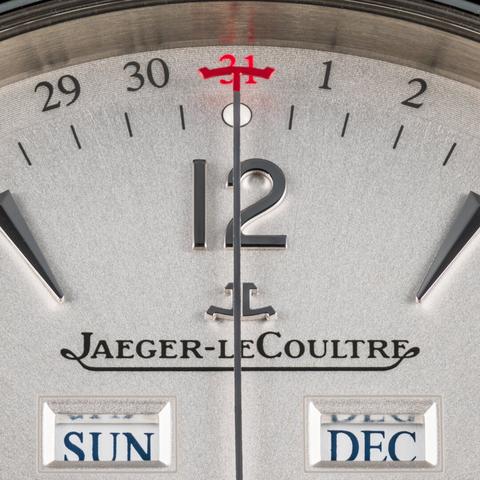 A square crop from the Jaeger-LeCoultre Master Control Calendar wristwatch – it would be showing Sunday as the day of the week and December as the month, but those are blurry in this photo.  The day of the month, the 31st, and the end of date hand pointing to that date are in focus.