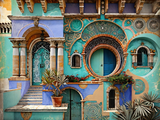 A surreal house with a blend of different architectural styles and vibrant colors.