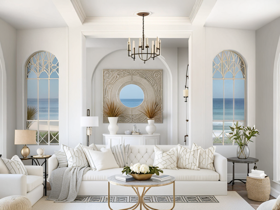 Elegant beachfront living room with natural light and pastel morning ocean views.