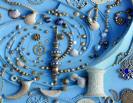 A collection of enigmatic tools, clearly magical, crafted from seashells, beads, and metalwork, arranged on a sky blue sculpted wall.