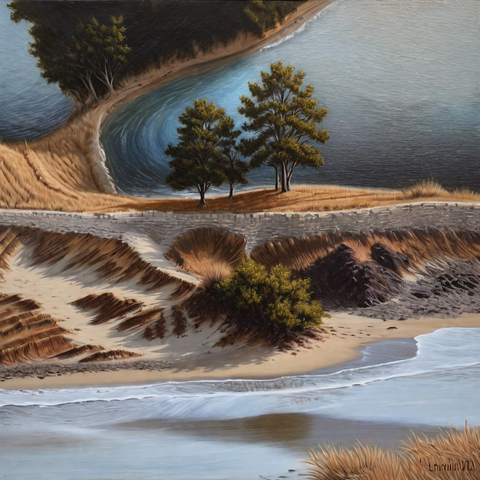 Surreal landscape with curved sand dunes and trees defying gravity.