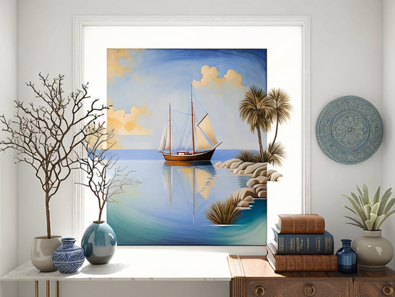 Palm trees and rocks at the edge of a painting of a ship in a summer bay  overflow the frame into an austere  winter-themed room.