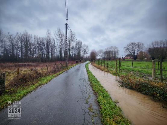 Ietwat donkere regenwolken, in de verte een aantal bomen die van inks naar rechts een rij vormen.
Op de voorgrond links een weiland, in het midden een asfaltweg (met een electriciteitspaal) en rechts een beek die bijna overstroomt.