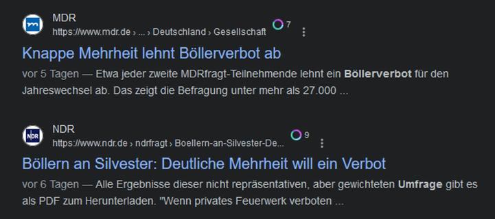 Schlagzeile vom MDR: "Knappe Mehrheit lehnt Böllerverbot ab", Schlagzeile vom NDR: "Deutliche Mehrheit will ein Verbot"