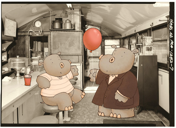 A pair of hippos in a diner exchange a red balloon