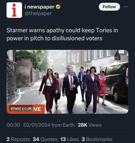 Photo of Keir Starmer and shadow cabinet members with text 'Starmer warns apathy could keep Tories in power in pitch to disillusioned voters'