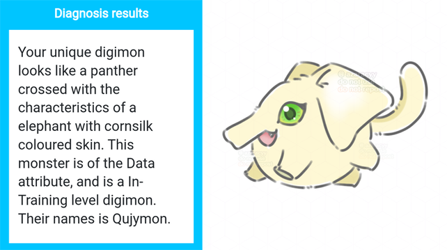 Your unique digimon looks like a panther crossed with the characteristics of a elephant with cornsilk coloured skin. This monster is of the Data-attribute, and is a In-Training level digimon. Their names is Qujymon.

on the right hand side is qujymon i drew following the description. round and fluffy, light yellowish color, elephant ears and trunk, four stubby legs, green eyes with slight yellow highlight, cat-like teeth and fluffy tail.