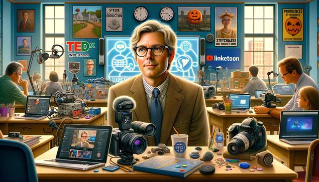 Illustration of a man with gray hair and glasses wearing a jacket and tie, standing in front of a desk with various photography and video equipment, surrounded by individuals working on digital content creation, all in a room with educational posters and clocks on the walls