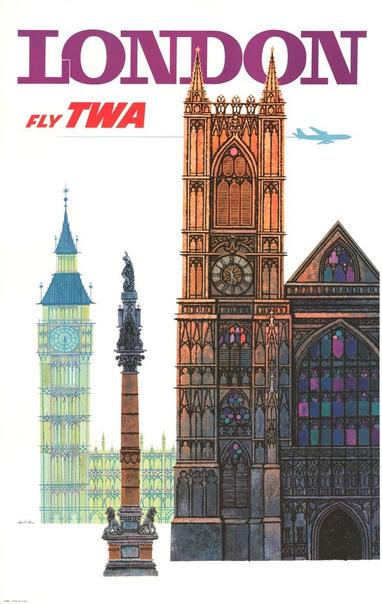 big titles of Londan, FLy TWA at the top. Images seen are Big Ben and Westminster Abbey