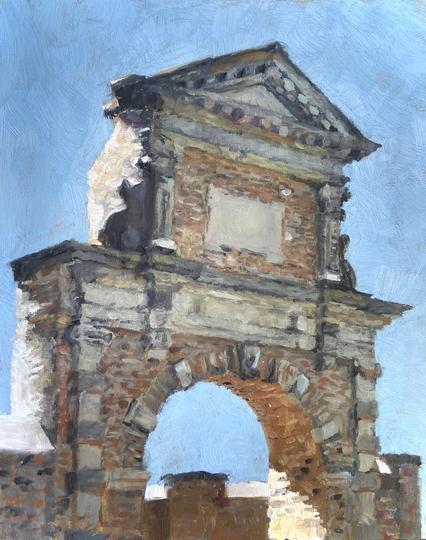 Oilpainting of a big old arch built from mainly red bricks and some stucco work. The architecture is classical, with an architrave and a lot of decorations. It stands freely in front of a blue sky and the sunlight is hitting it from behind.