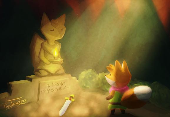 A digital painting featuring a scene from the video game TUNIC. In a forest clearing, there is a stone statue on top of a dais, holding a candle. The dais has strange glyphs inscribed in it, and in front of it is a sword lying on the ground. The fox character is looking in awe at the scene while god rays shine down through the trees.
In the bottom left corner is a signature that reads "ReyTracing"