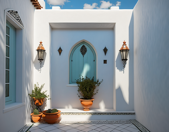 Nook in whitewashed Mediterranean-style building, with arched window closed with teal shutters, terracotta pots, and iron lanterns.