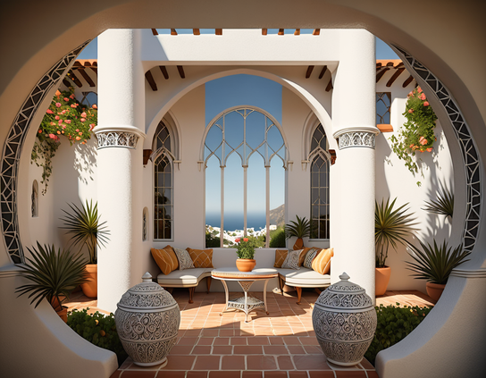 Living room with open roof, implying pinpoint microclimate control that keeps precipitation from just that area. With cozy seating, and an arched window with ocean view.