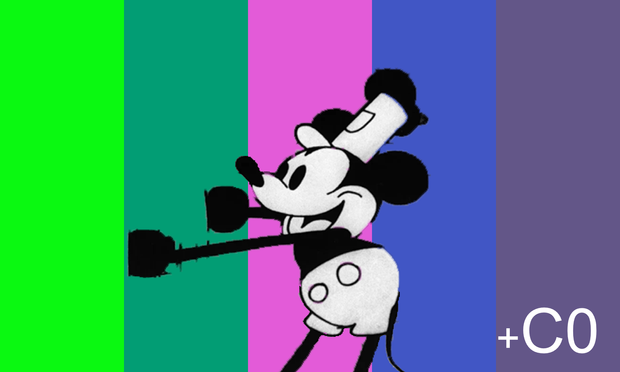 The "free speech flag"  (whose colors and the +C0 in the corner) make up the HD DVD decryption key (09 F9 11 02 9D 74 E3 5B D8 41 56 C5 63 56 88 C0) with Steamboat Willie hastily enlarged and placed over the center
