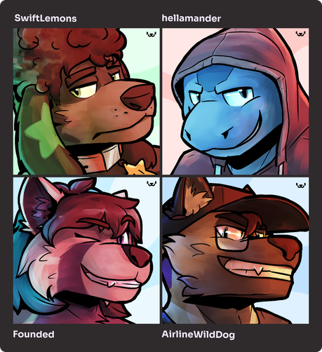 4 vibrant icons, heavily shaded of anthropomorphic animals