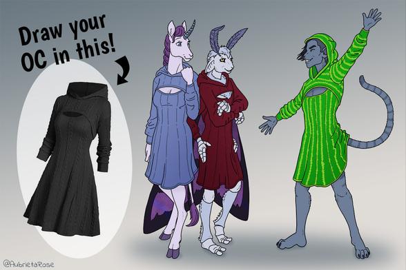 A "Draw your OC in this" meme of a knit sweater dress, with Abigail, a female anthro unicorn, Aubie, a female anthro moth with purple wings, and Sid, a grey male anthro cat. Abigail and Aubie are in a blue and maroon version of the dress respectively, looking with amusement at Sid, who has turned up in a bright green striped dress, his tail bunching it up awkwardly.
