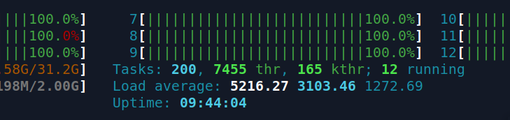 A crop of htop's 'load average' reading. It's 5,216.