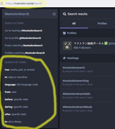 Screenshot of Mastodon.social search box showing SEARCH OPTIONS: 
(has: is: language: etc ... ) 
& "Posts matching" the search term