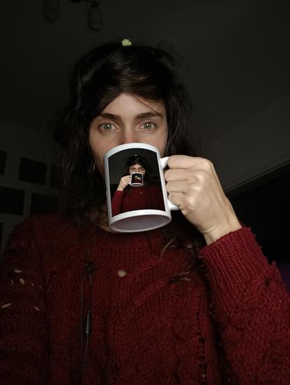 Me holding a mug ready to drink. The picture on the mug shows me holding a mug ready to drink...