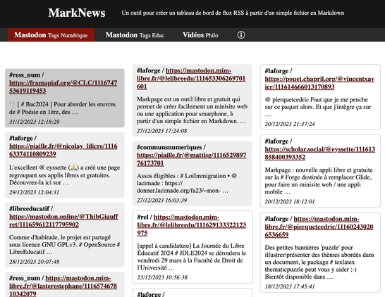 Capture écran du site Marknews.

En haut : titre du site et message initial (que l'on peut configurer), puis barre d'onglets thématiques (à définir soi-même.

Pour chaque onglet, on a la liste des articles avec à chaque fois : la source, le contenu et la date de publication.

Les articles sont triés par ordre de publication et les publications plus récentes sont mises en évidence avec un fond grisé ou une bordure.