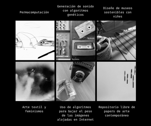 Colección de seis imágenes con pequeñas descripciones, en orden: Permacomputación, generación de sonidos con algoritmos genéticos, diseño de museos sostenibles con niñes, arte textil y feminismos, uso de algoritmos para bajar el peso de las imágenes en Internet, repositorio libre de papers de arte contemporáneo.