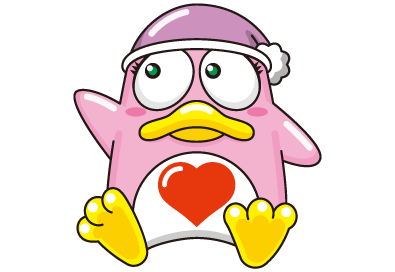 A cartoon image of Donko, Don Quijote's other mascot. Donko is a pink penguin wearing a pink nightcap, with a red heart on its chest.
