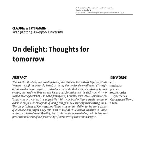 Screenshot of published PDF of 'On delight: Thoughts for tomorrow' by Claudia Westermann, showing the title, the abstract, and the keywords.
