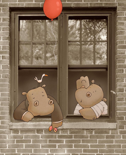 A hippo dozes at a window while his child loses a balloon