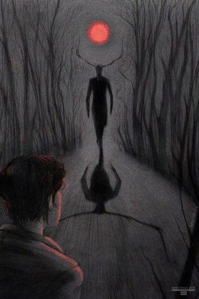 A black and white drawing looking over the right shoulder of a man with curly hair (Will Graham) looking into a forest that appears to be parting for a well dressed man in a suit with large antlers attached to his head (Hannibal). The moon above is bright red and causes Hannibal's shadow to stretch far and ominous towards Will Graham.