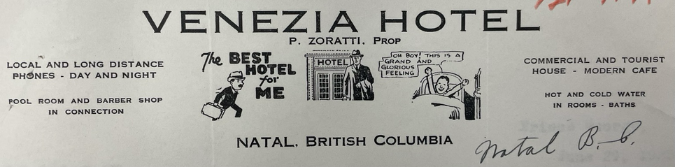 Letterhead for the Venezia Hotel in Natal, BC, with vintage clip-art of happy businessmen, P. Zoratti proprietor