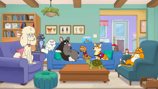 The animals of House Broken sitting in Jill's living room.