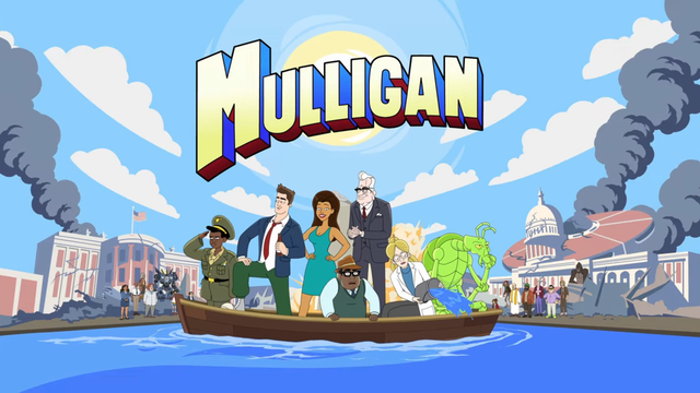 Poster for the show Mulligan, with the cast on a sinking dinngy with Washington DC smoldering around them.
