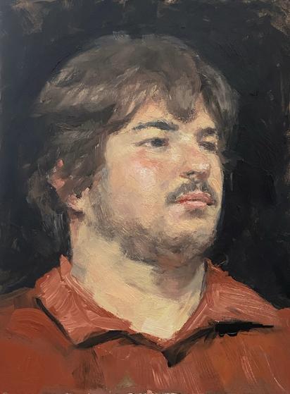 A portrait study in Oils showing the head of a young man with curly hair, a mustache and a red shirt