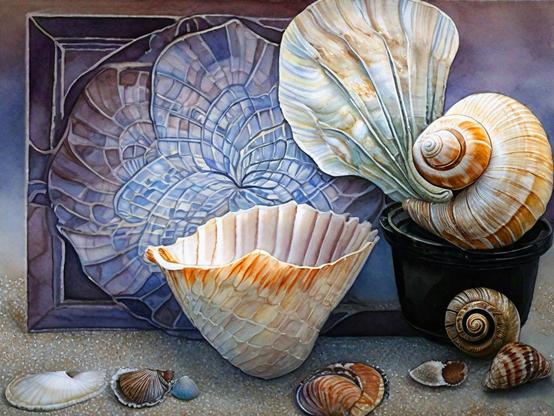A surreal bowl grown from a mollusk shell, among a variety of seashells, surrealistic and detailed. Still life, watercolor style.