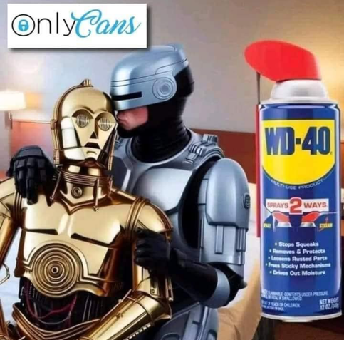 Robocop whispers sweet nothings into the ear of C-3PO, next to a can of WD-40.