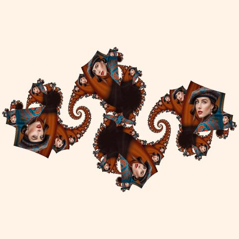 Fractal illustrating the Droste effect. The image  of a young lady is multiplied at different scales into a Julia set structure.